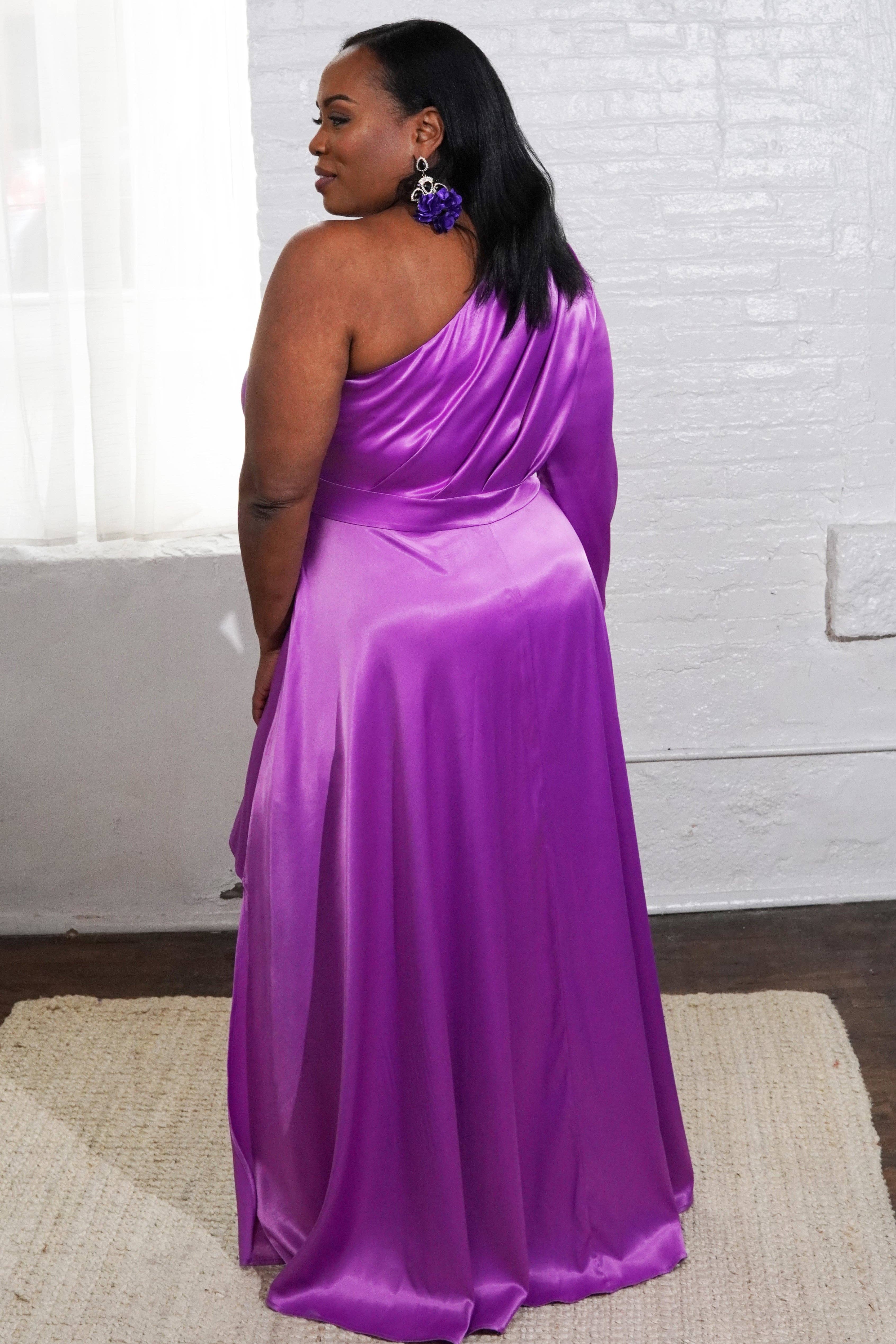 Nina Cheyenne Apparel - Wholesale Gown - Women's - Camelia Purple Satin One Shoulder Hi Lo Maxi2