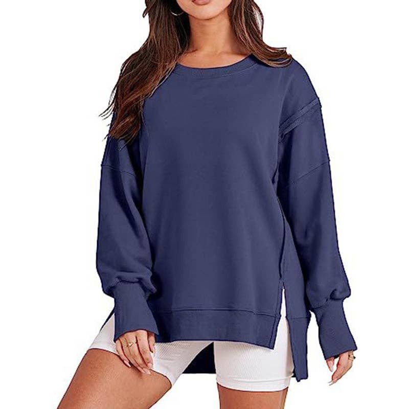 Sheer Trend - Vente Sweat-shirt – femme - Pull haut et bas à manches longues, frangé, couleur unie, joint fendu et col rond2