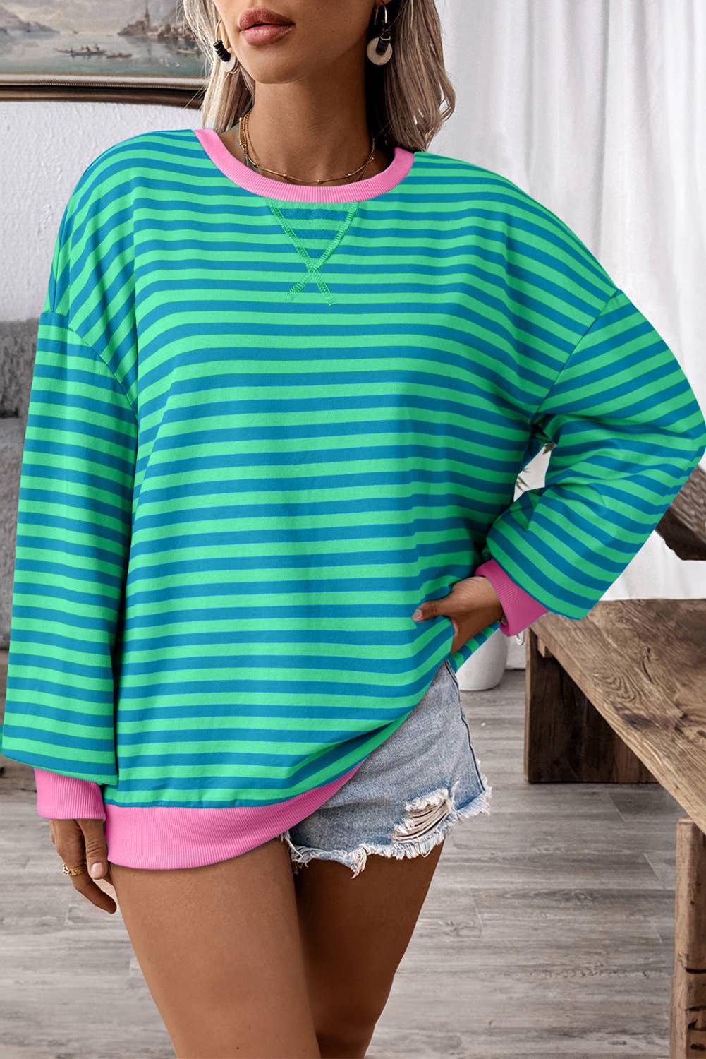 1 the Woman - Wholesale Sweatshirt - Women's - Stripe Oversized Contrast Trim Pullover Sweatshirt4