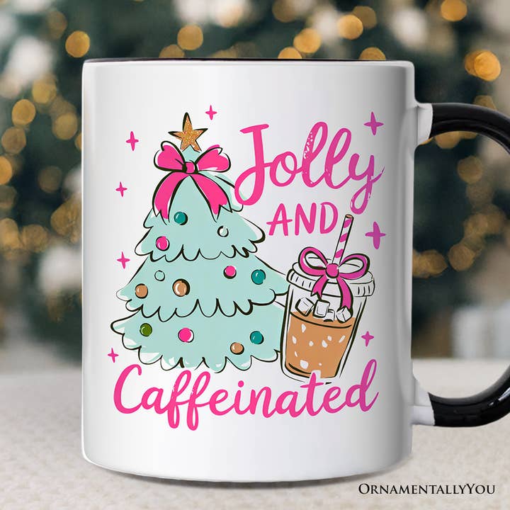 White Black Handle Jolly and Caffeinated Christmas Personalized Mug, Retro for wholesale on Faire2