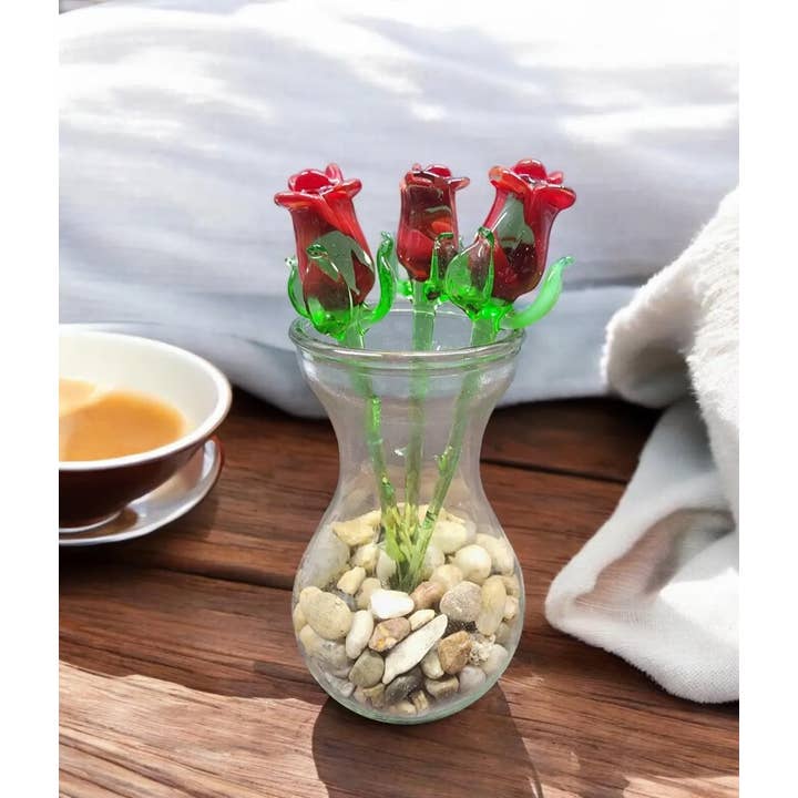 Glass by Iness - Wholesale Artificial Flowers - Red Glass Rose - Handcrafted Short Stem Flower3