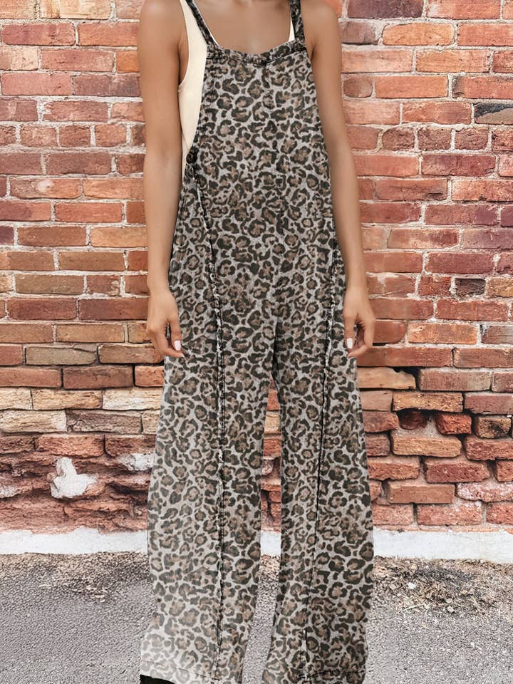 Leopard Print Denim Raw Seam Detail Loose Overall Jumpsuit for wholesale by fashionworks