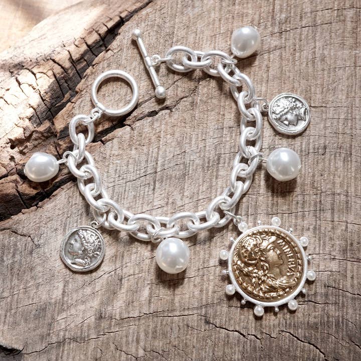 PennyLine inc - Vente Bracelets à breloques/pendentifs - Bracelet tendance à breloques en forme de pièce de monnaie et de perles de style bohème — tons doré et argenté