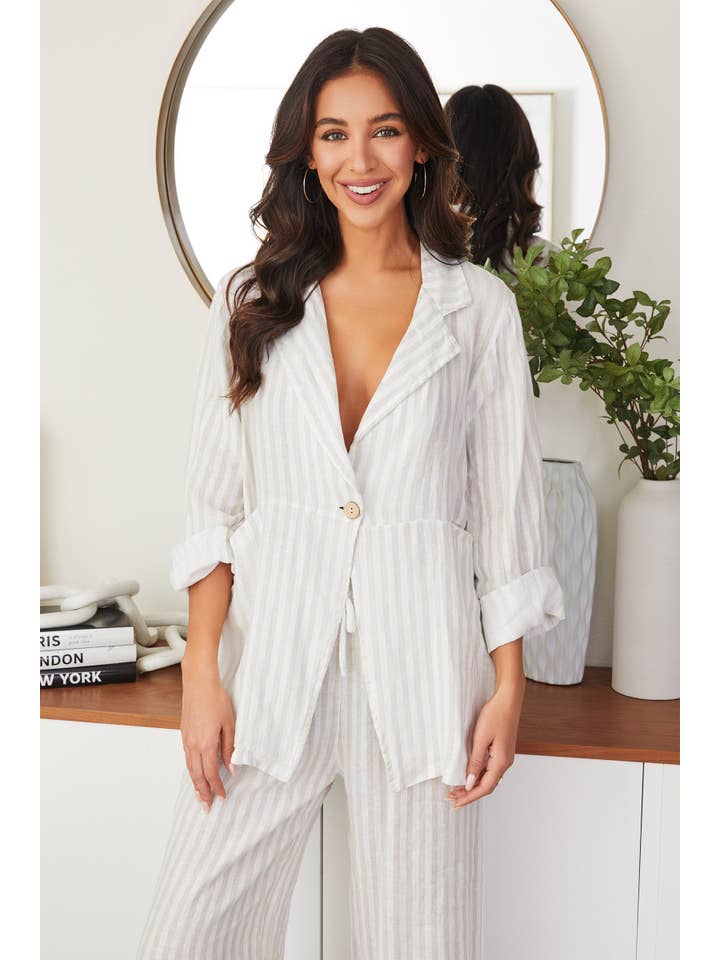 MILIO MILANO - Wholesale Blazer - Women's - STRIPED BUTTON LINEN BLAZER W/ PATCH POCKET(154014-WHT/BEI)