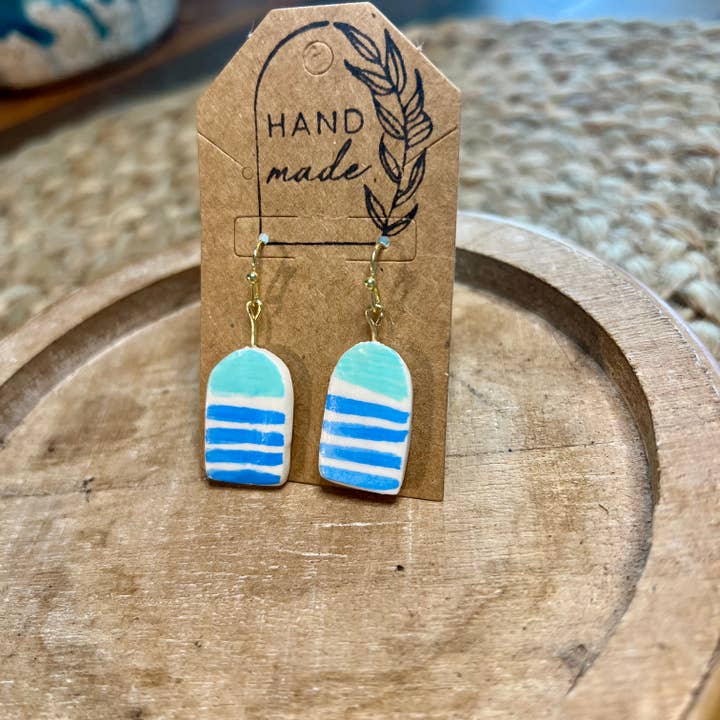 Keely Siebenthal Art & Designs – wholesale Dangle earrings – Handmade Clay Earrings - Arch Buoy Teal + Blue2