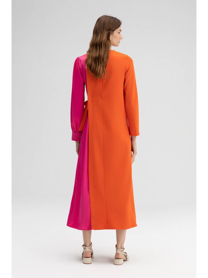 Orange COLORBLOCK SIDE-TIE LONG SLEEVE MIDI DRESS for wholesale on Faire