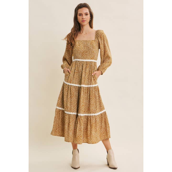 in february - Wholesale Dress - Women's - FLORAL TIERED MIDI SMOCKED DRESS WITH ROUND TRIM