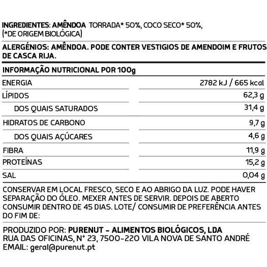 Purenut Alimentos Biológicos Lda – Manteiga de frutos secos por atacado – Manteiga de Amêndoa + Coco 230g1