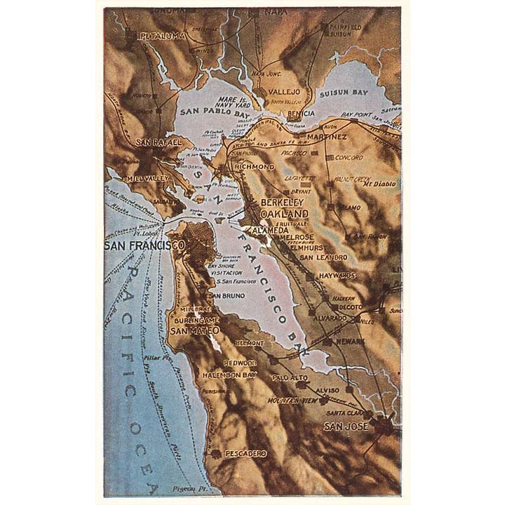 Found Image Press – wholesale Konsttryck – Konsttryck SF-299 Reliefkarta över Bay Area, Kalifornien