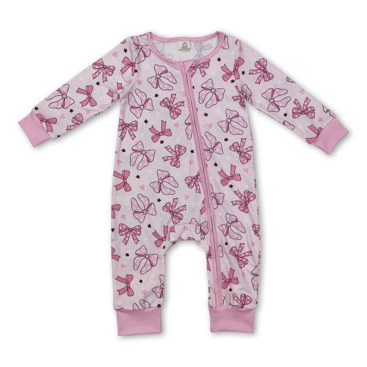 Yawoo Garments - Wholesale Jumpsuit - Baby - Long sleeves pink bow baby girls bamboo zipper romper