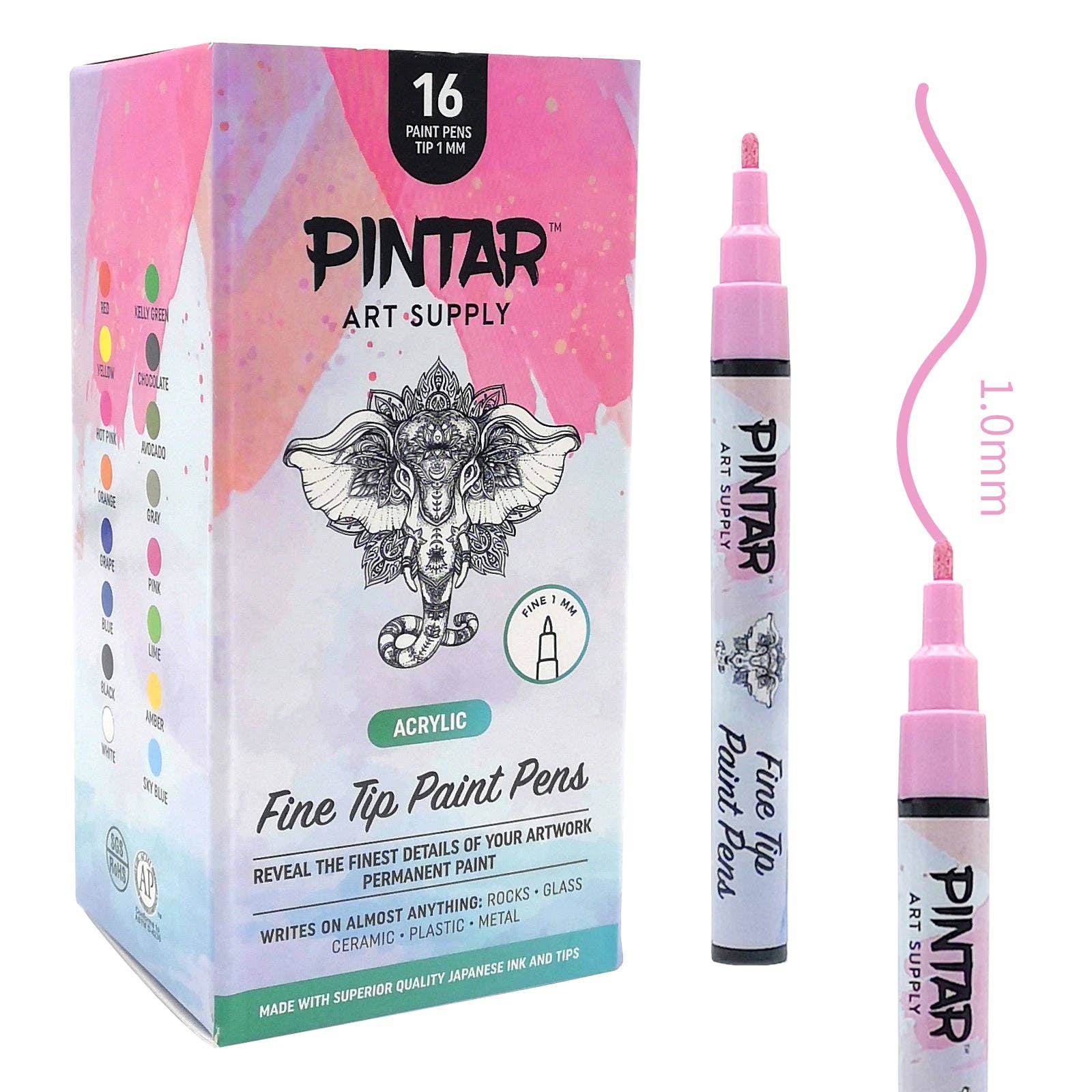 Pintar Art Supply – Großhandel Marker – PINTAR Premium Acryl-Malstifte – 1 mm feine Spitze für Stein-, Keramik-, Glas-, Holz-, Papier-, Stoff- & Porzellanmalerei, wasserfester Farbstift, Bastelbedarf, DIY-Set (16 Farben)8