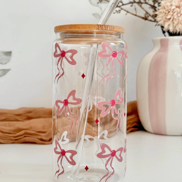 the cute cloud - Wholesale Drinking Glass/Cup - Glass Tumbler Pinky Bows Dishwasher Safe 550ml + Lid & Straw