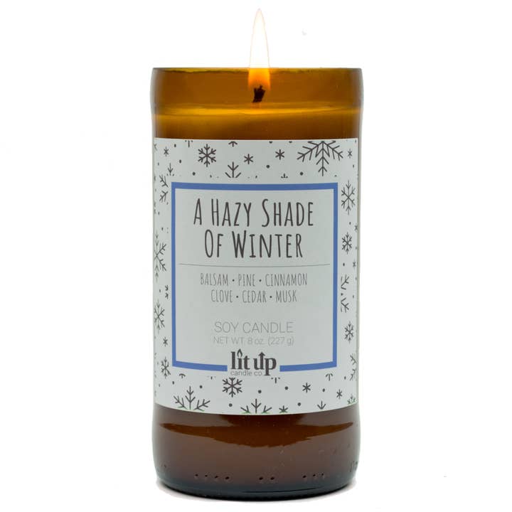 Lit Up Candle Co. - Wholesale Jar/Filled Candle - A Hazy Shade of Winter 8 oz. soy candles in beer bottles