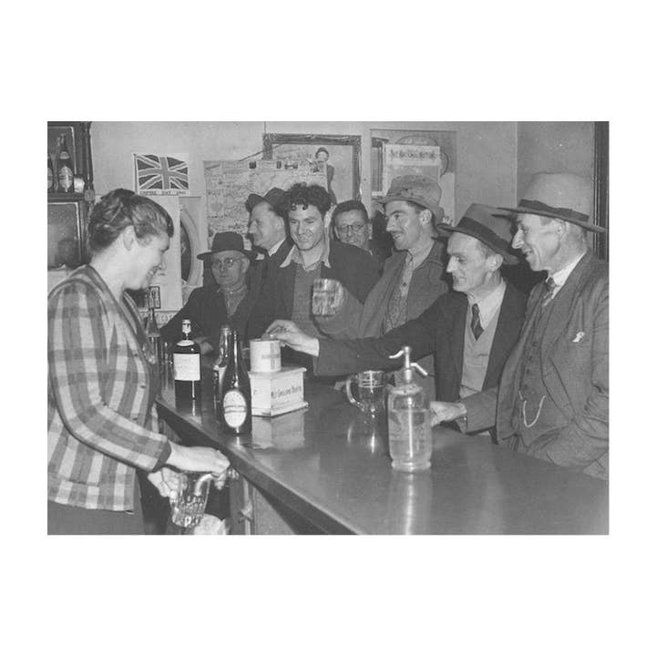 Mrs.Gleason Pours A Beers At The Drouin for wholesale by Retrospect Greeting Cards