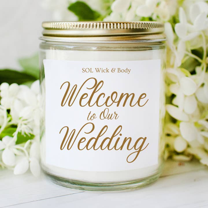 Vela de soja en tarro transparente de 8 onzas para bienvenida a nuestra boda para venta al por mayor de Indiva Fragrance Studio