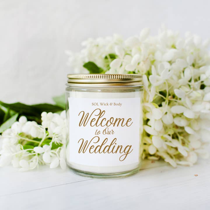 Welcome to our wedding 8 oz. Clear Jar Soy Candle for wholesale by Indiva Fragrance Studio