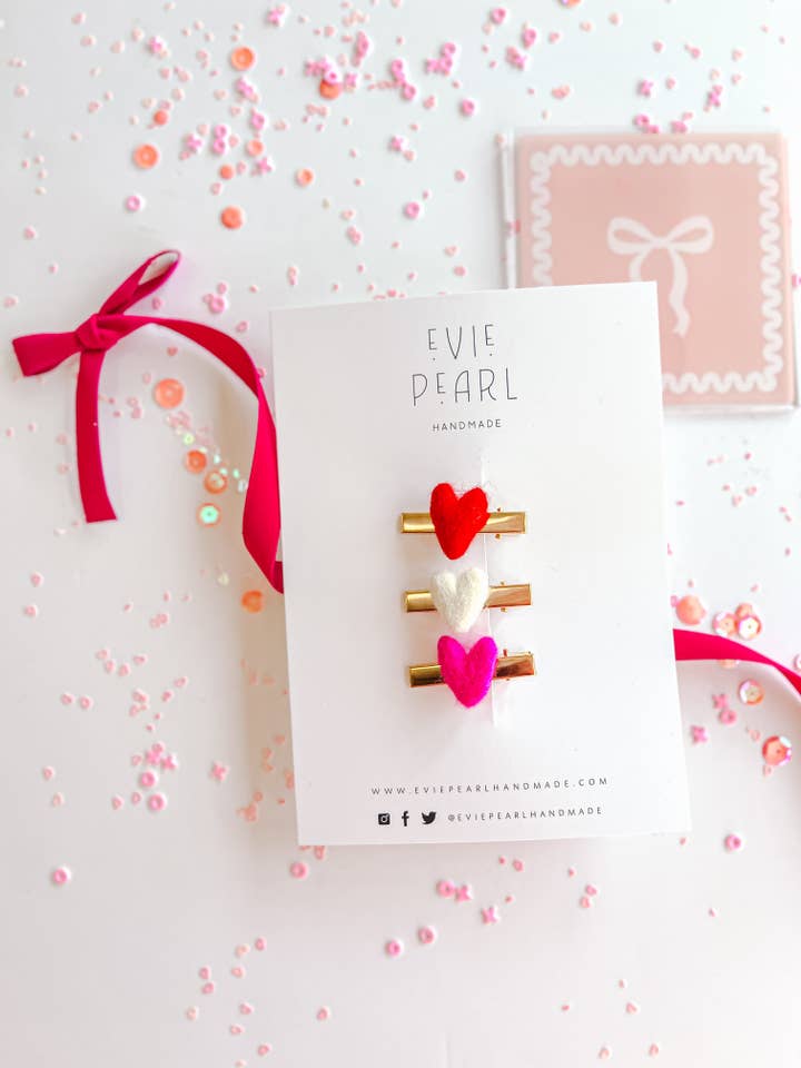 Red, White & Hot Pink Felt Heart Clip Set for wholesale by Evie Pearl Handmade LLC
