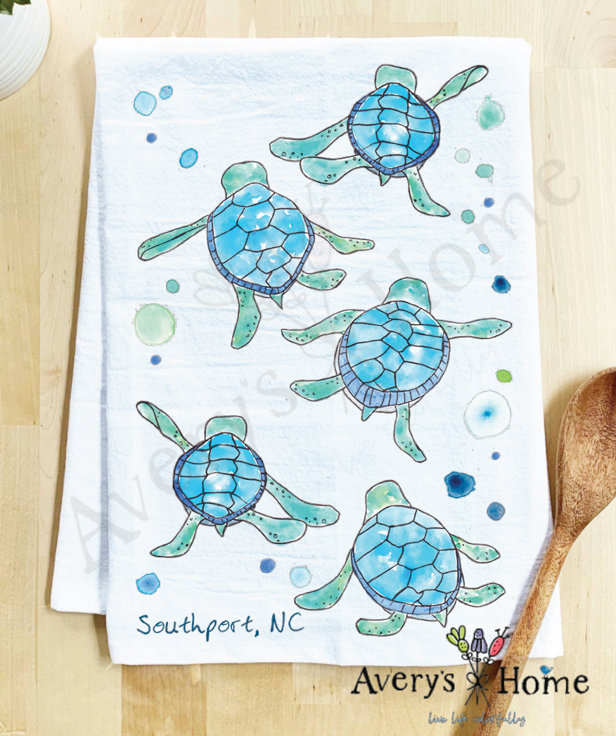 Avery's Home - Vente Torchons - Serviette de cuisine personnalisable avec adorables bébés tortues marchant sur la côte34