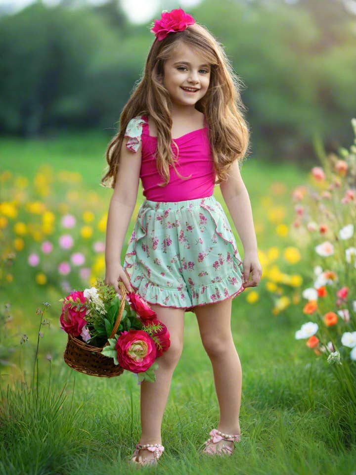 Pink Fuchsia Floral Ruffle Top and Mint Blossom Shorts Set for wholesale on Faire