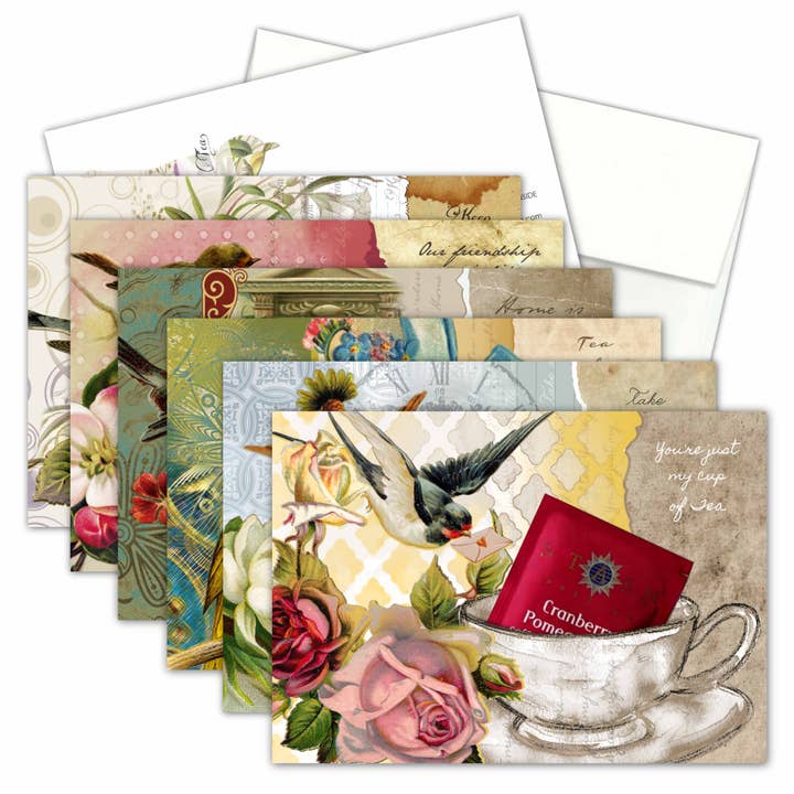 The Creative Idea Shop – Großhandel Grußkarten für den Alltag – TEE-GRUSSKARTEN-SAMMLUNG MIT ECHTEN TEEBEUTELN, VÖGEL UND BLUMEN