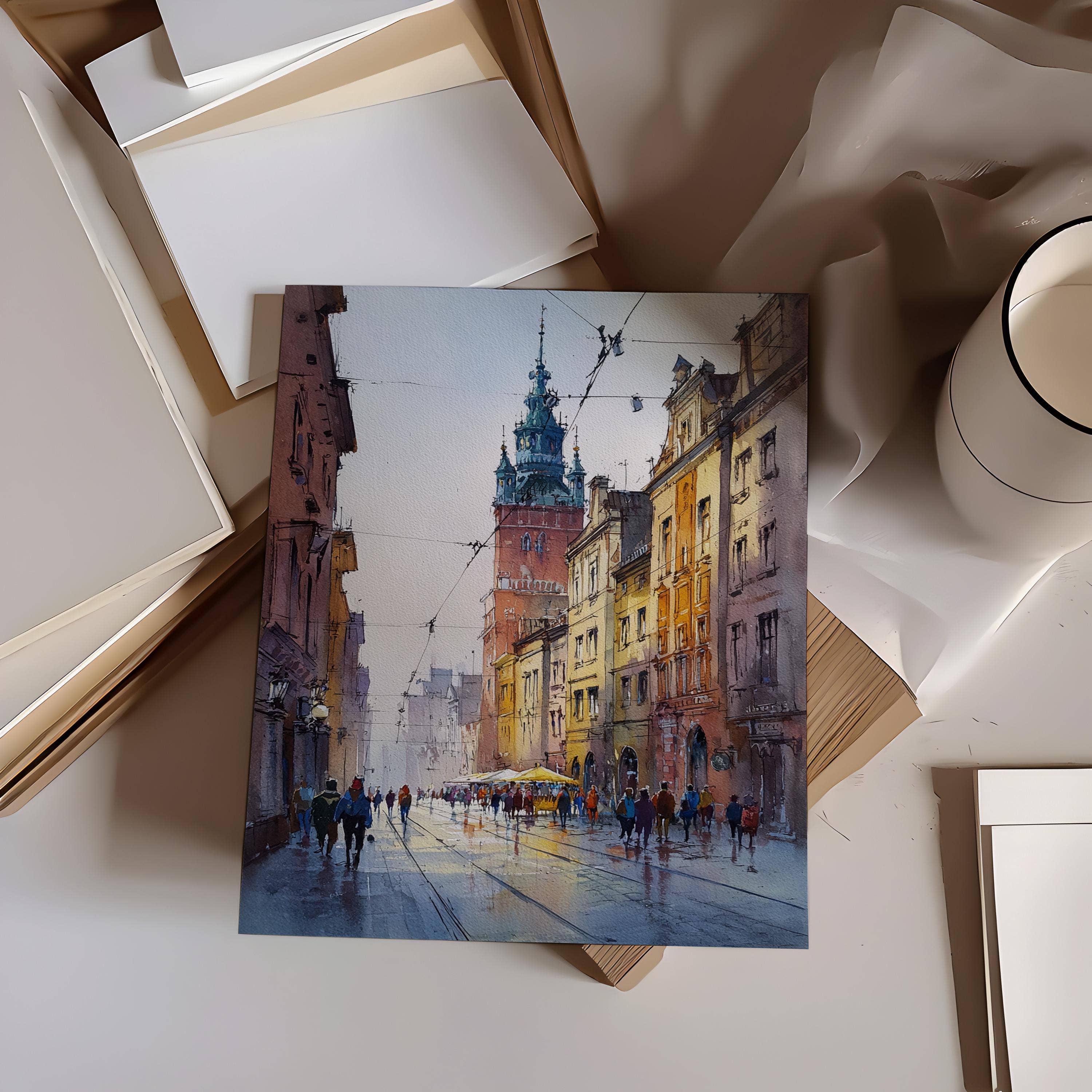 Premium Travel Art - Vendita all'ingrosso Stampa artistica - Arte ad acquerello di Cracovia Polonia Stampa di viaggio di Cracovia Opera d'arte di Cracovia Decorazione skyline di Cracovia Arte da parete Polonia4