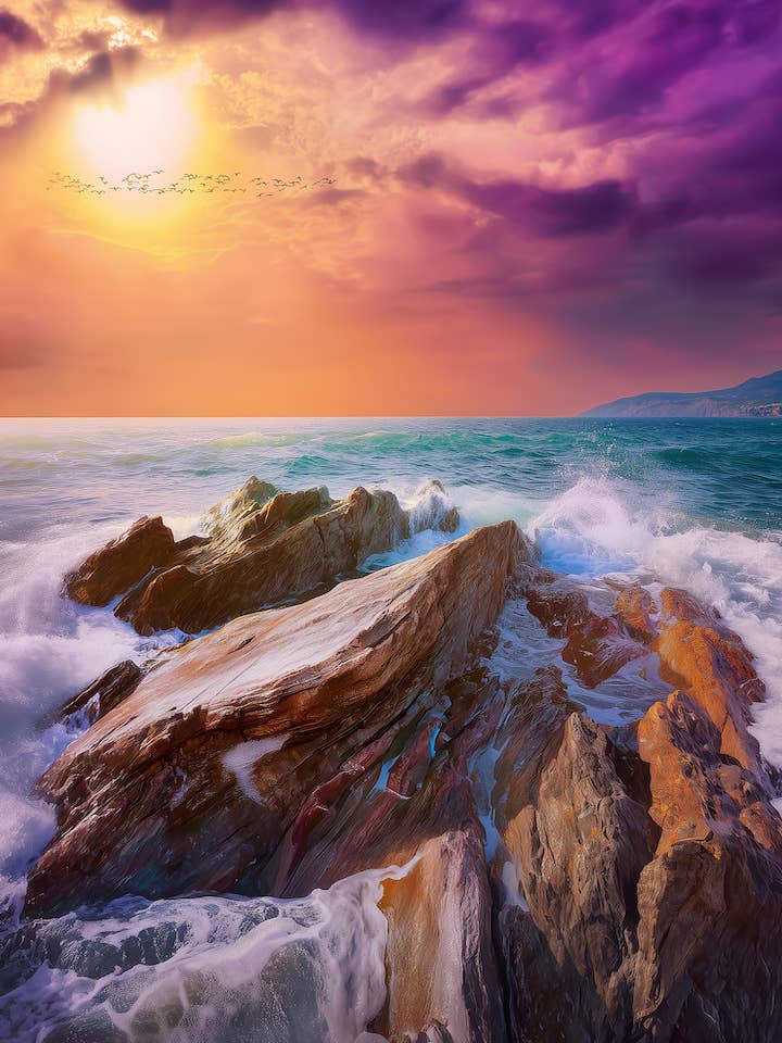 Wunderschöne Landschaften - Sonnenuntergang über tosenden Wellen - 8"x10" Kunstwerk für 11"x14" Rahmen für den Großhandel von Mowbi