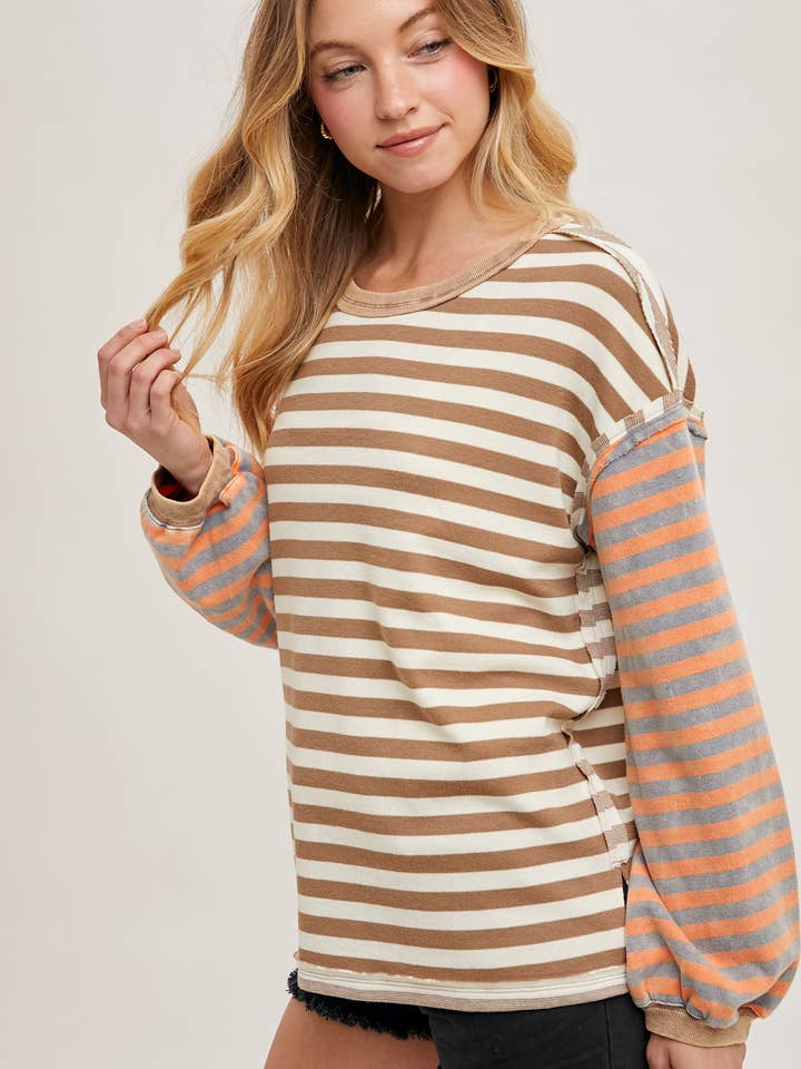 Bluivy - Wholesale Knit Sweater - Women's - STRIPE CONTRAST EXPOSED SEAM LOOSE FIT KNIT PULLOVER