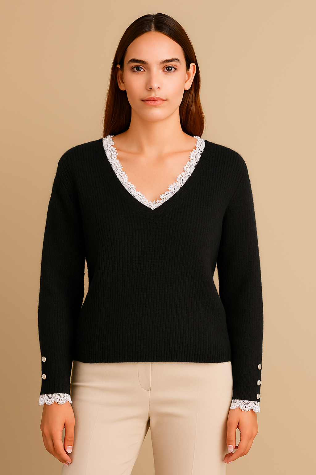 Afinity – Engroshandel Pullover - Dame – Ribstrikket sweater med blondekanter AP1306
