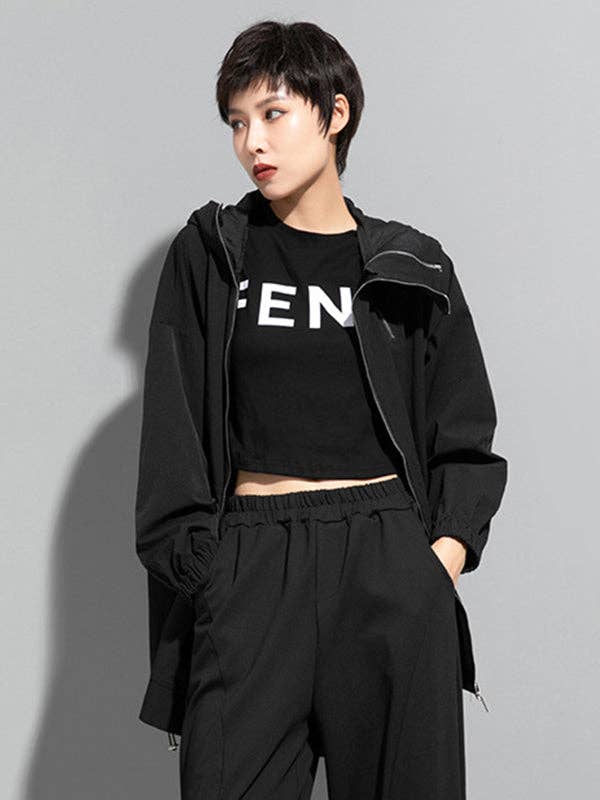 BLACK Fashion Irregularity Loose Solid Color Zipper Hooded Outerwear for wholesale on Faire5