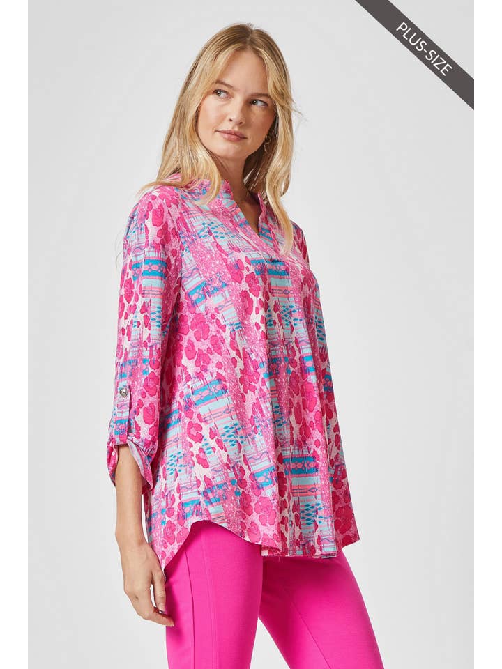 Teal Pink PLUS 3/4 Sleeve LIZZY MEDALLION Wrinkle Free Blouse for wholesale on Faire