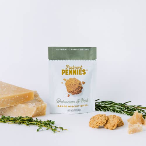 Piedmont Pennies - Wholesale Crackers - Parmesan & Herb Cheese Crackers, Small Pouches (25)1