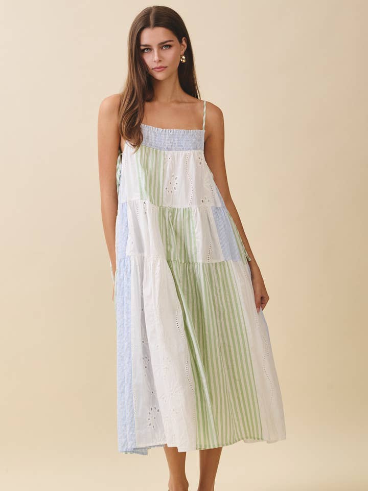 4279HK Patchwork Tiered Midi Dress for wholesale by AEMI + CO