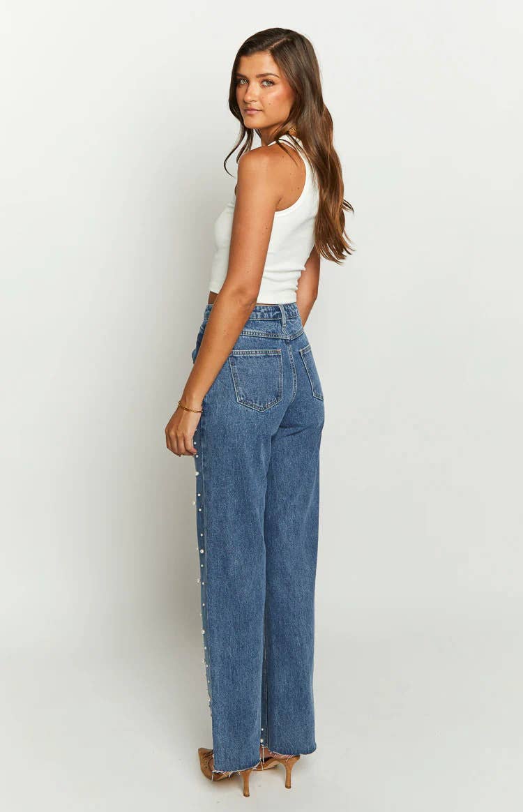 BLUE Crossbody retro beaded straight-leg denim trousers for wholesale on Faire3