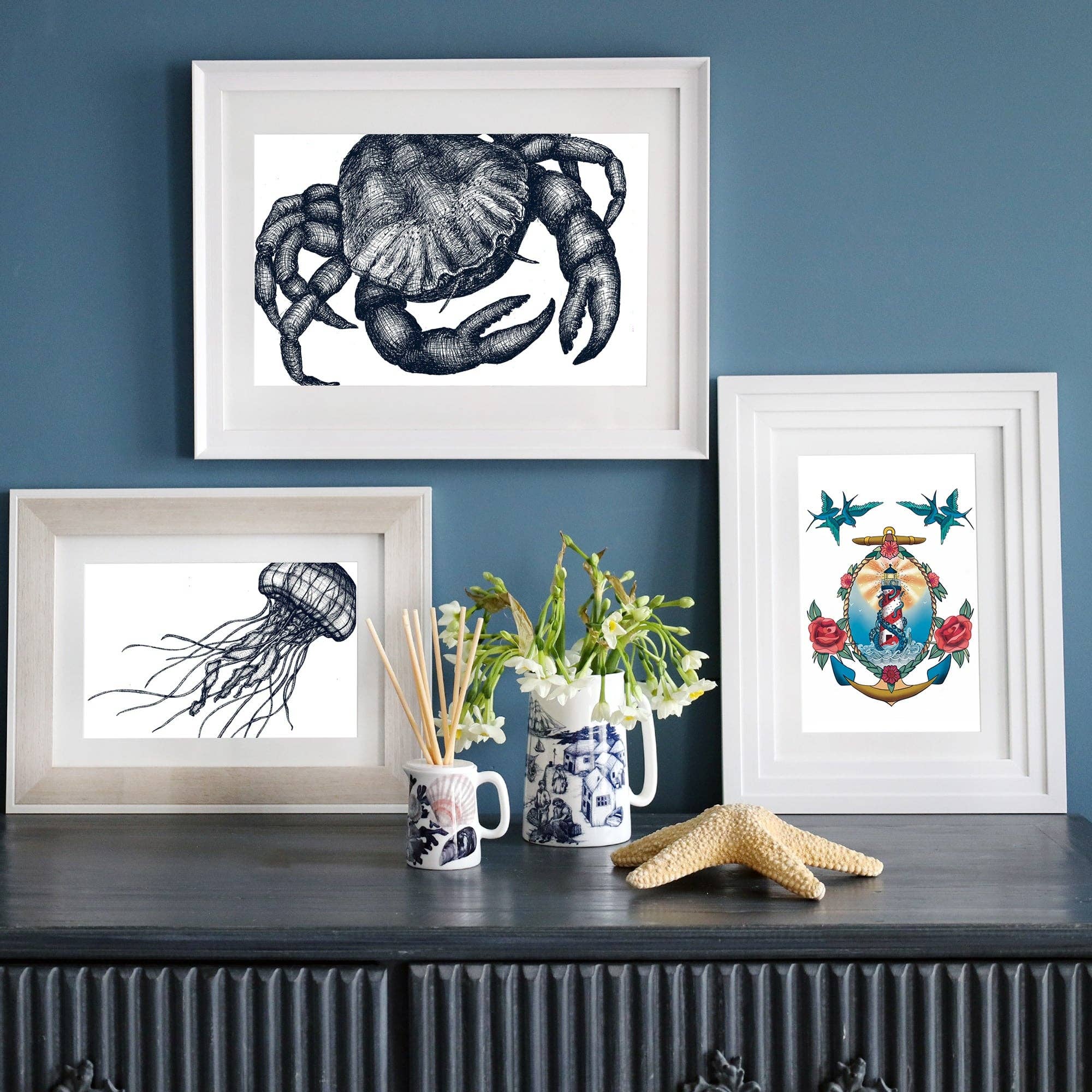 Cream Cornwall – wholesale Art print – Blue & White Crab Art Print – Mounted in 3 Sizes3