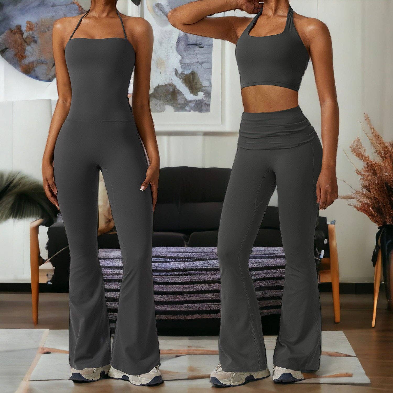 Active by Anna-Kaci - Wholesale Athletic/Lounge Leggings - Women's - Shirred High Waist Flared Leggings0