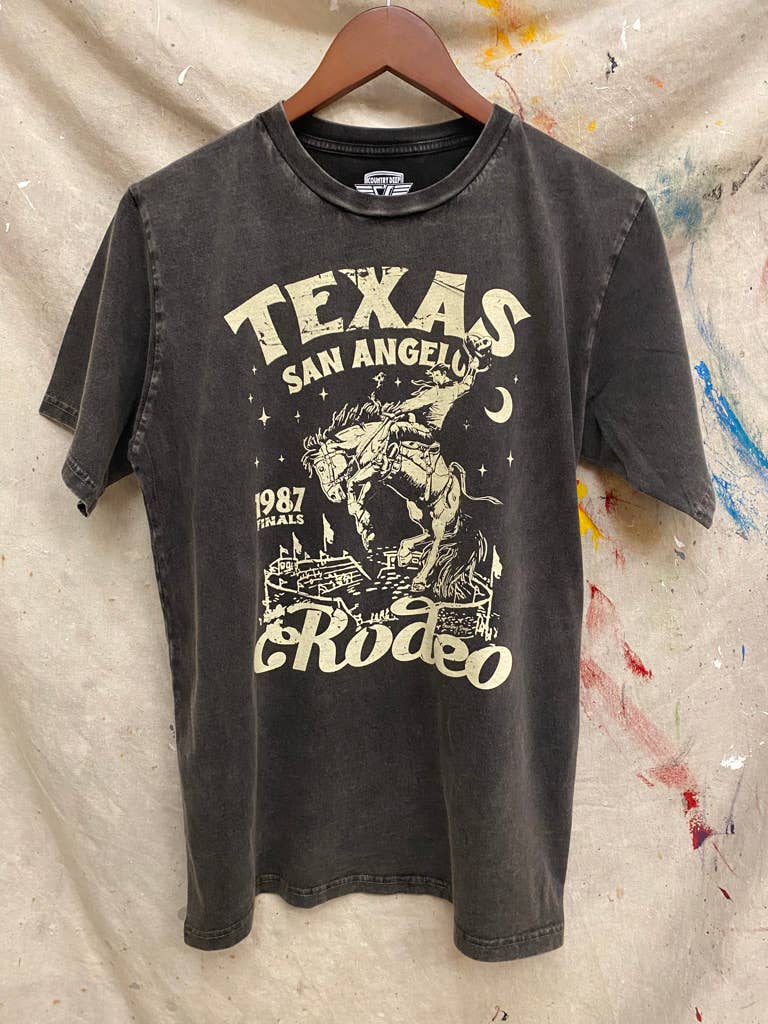 Country Deep Apparel - Vente T-shirt sérigraphié – unisexe - Finales du rodéo de San Angelo T-shirt décontracté délavé à l'acide (Copie)1