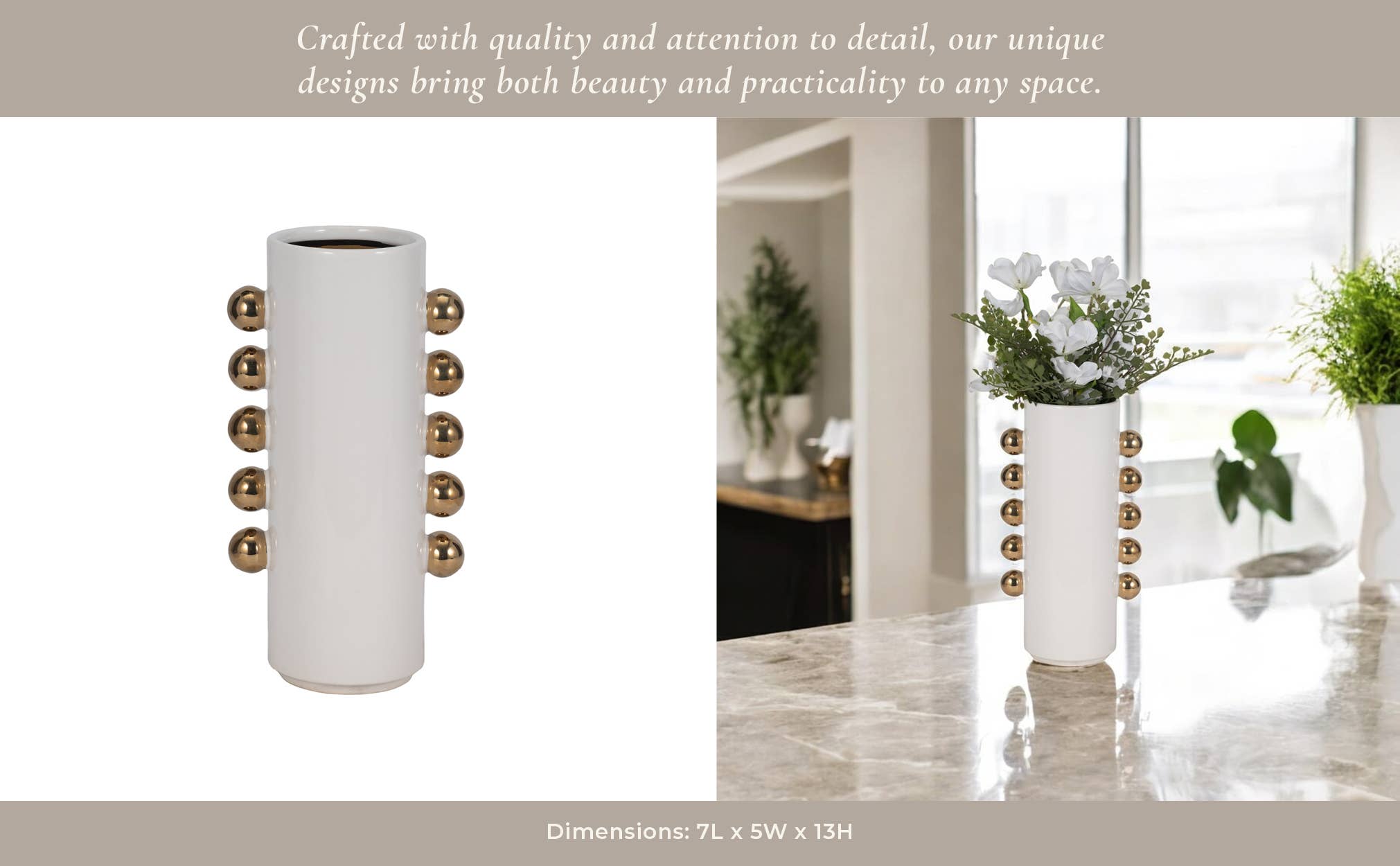 Sagebrook Home - Wholesale Vase - Vase - White/Gold Ceramic Cylinder with Side Knobs, 13 in.10