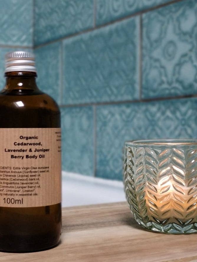 Organic Cedarwood, Lavender & Juniper Berry Body Oil for wholesale by Heavenly Organics Skin Care