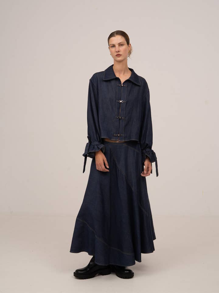 CARMEN SAYS - Wholesale Skirt - Women's - Falda midi azul de paso elevado de mezclilla4