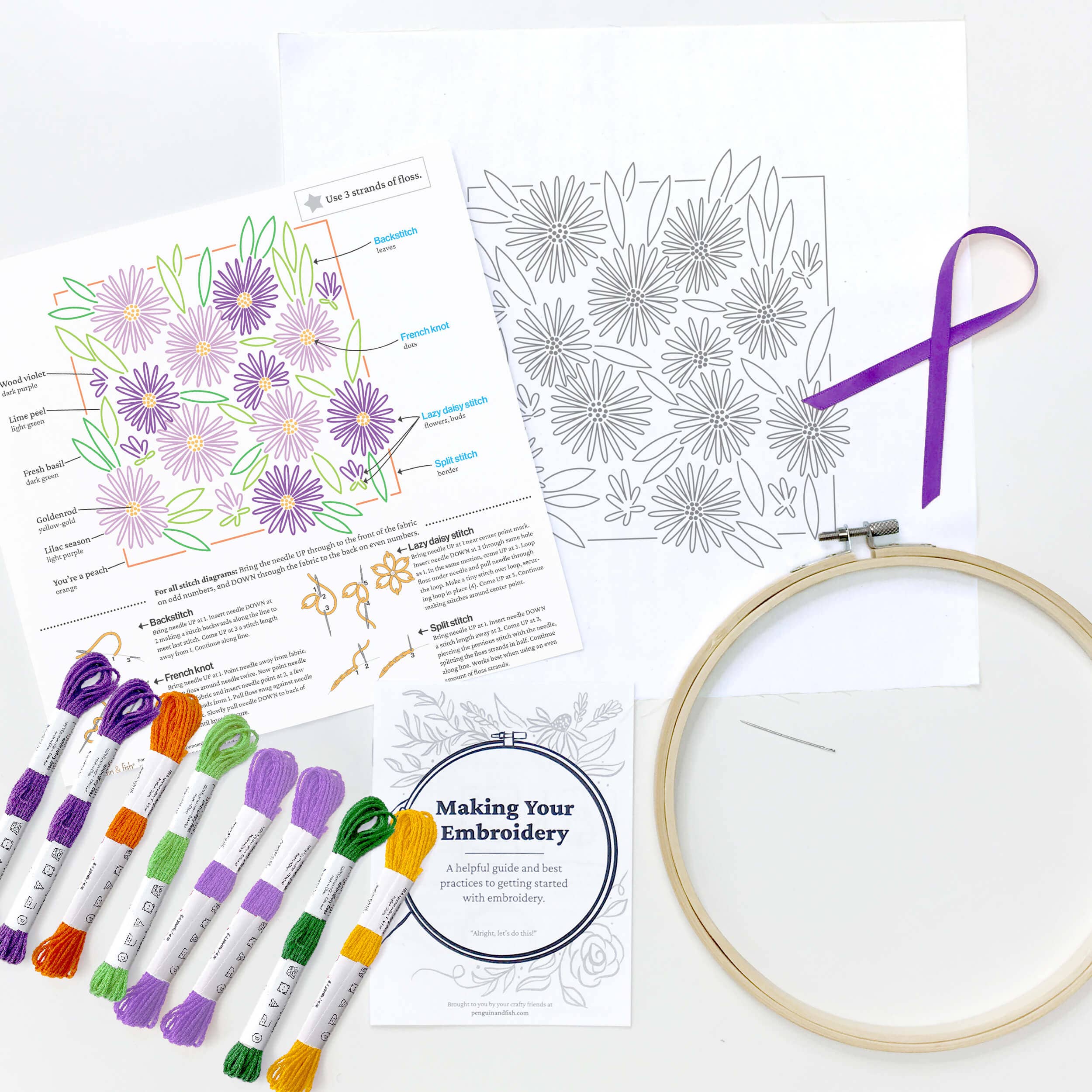 Penguin & Fish - Wholesale Embroidery/Cross Stitch Supplies - September Aster 8" embroidery kit7