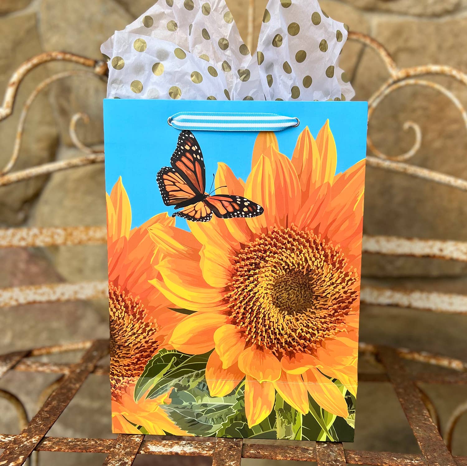 The Red Barn Press - Wholesale Gift Bag - LARGE Floral Gift Bag | Sunflowers and Butterflies on Blue3