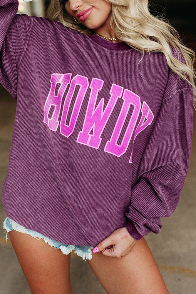 Viola Felpa a costine con stampa Howdy viola ZK059 in vendita all'ingrosso su Faire1