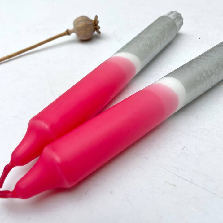 Raspberry Pink & Silver Dip Dyed Dinner Candles for wholesale by The Singing Rabbit