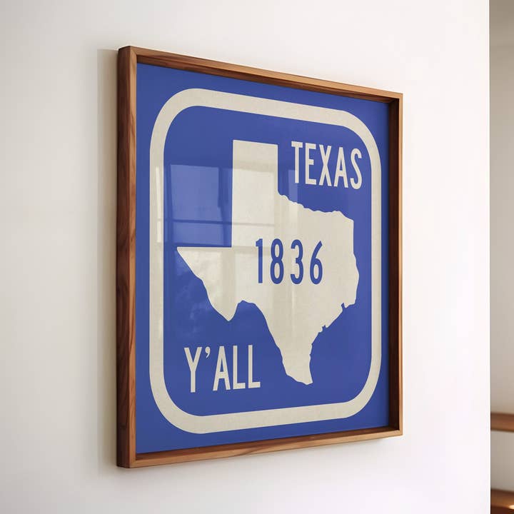 Texas Y'all Road Sign Art Print - Royal Blue for wholesale by Tejas Country Club