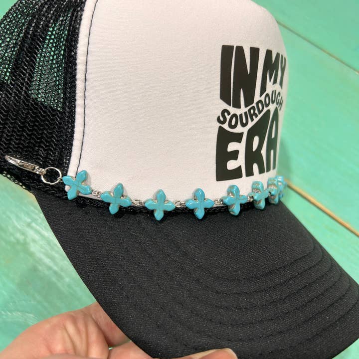 Vibes Hat Company - Vente Accessoire pour chapeau – femme - Chaîne à chapeau Turquoise Cross Trucker | Bandeau à chapeau | Chaîne à chapeau |