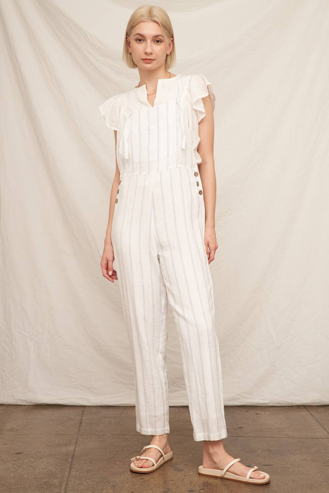 White Blue Cropped Striped Overall Jumpsuit for wholesale on Faire
