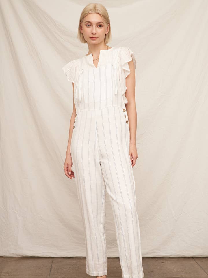 White Blue Cropped Striped Overall Jumpsuit for wholesale on Faire