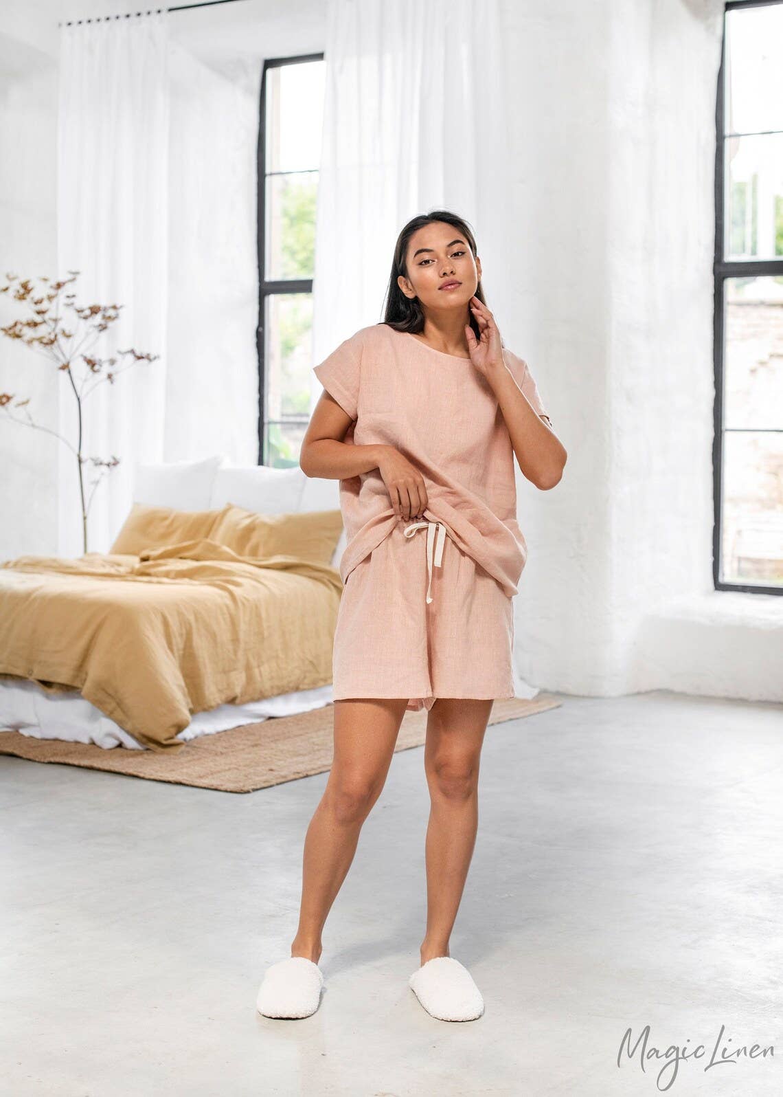 Linen Pajama Set Luni in Peach for wholesale on Faire0