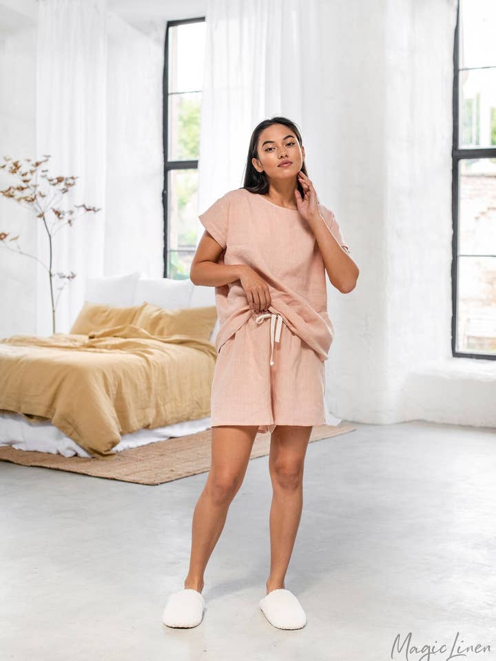 Linen Pajama Set Luni in Peach for wholesale on Faire