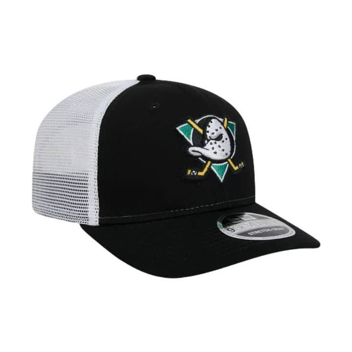 ANAHEIM DUCKS NEW ERA NHL 9SEVENTY ADJUSTABLE BLACK TRUCKER SNAPBACK HAT for wholesale by Rat City Sk8 Shop